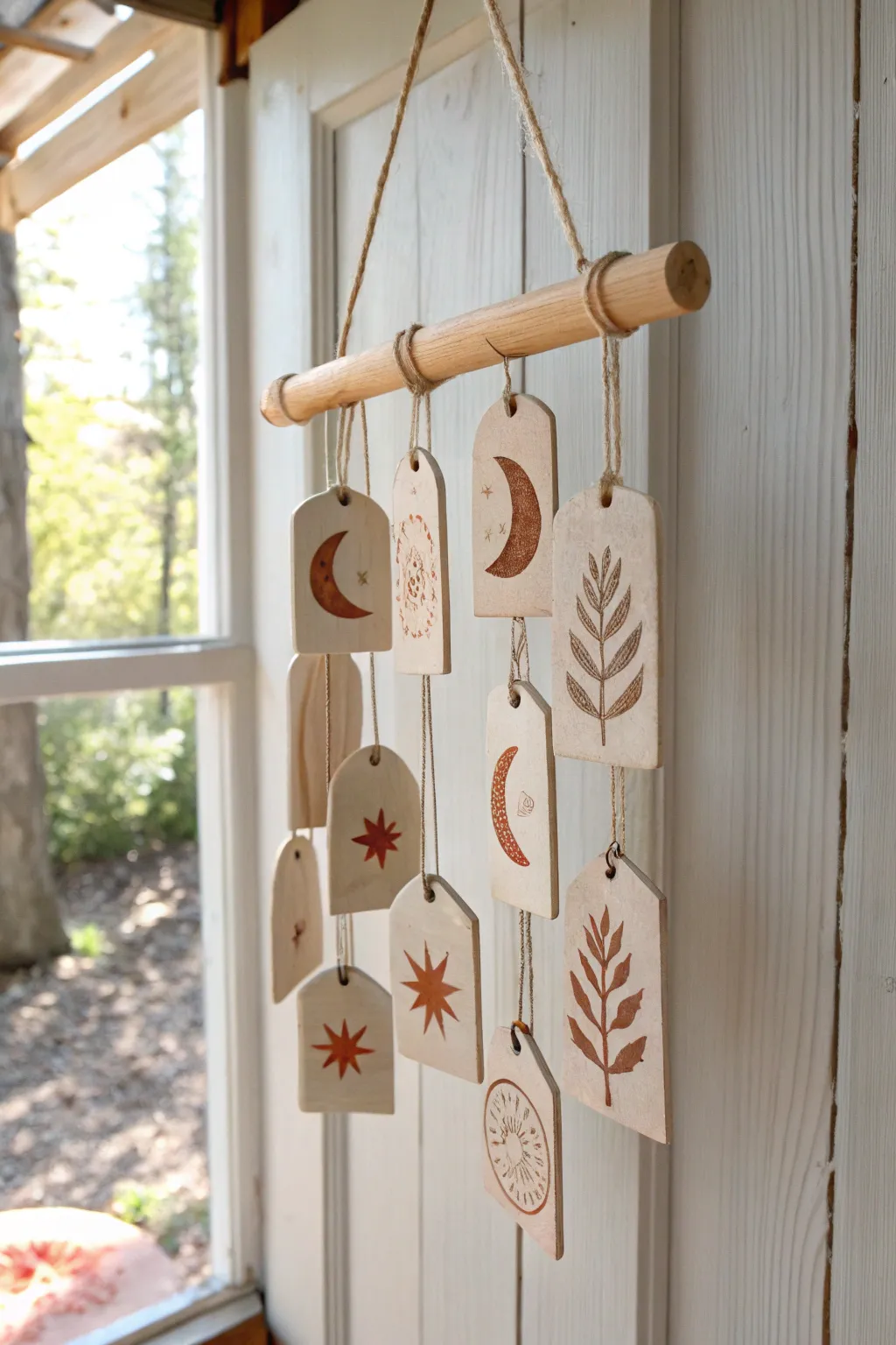 Minimalist clay wind chime with stamped symbols, soft boho tones, perfect for a calm porch.