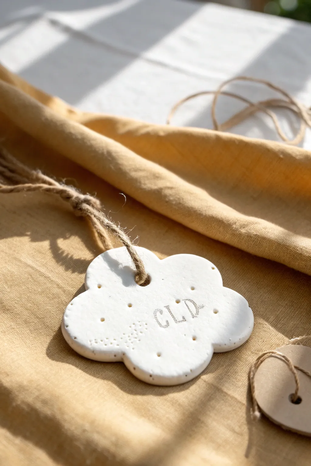 Minimal cloud clay gift tags with twine, matte finish, and soft handmade texture in cozy neutrals