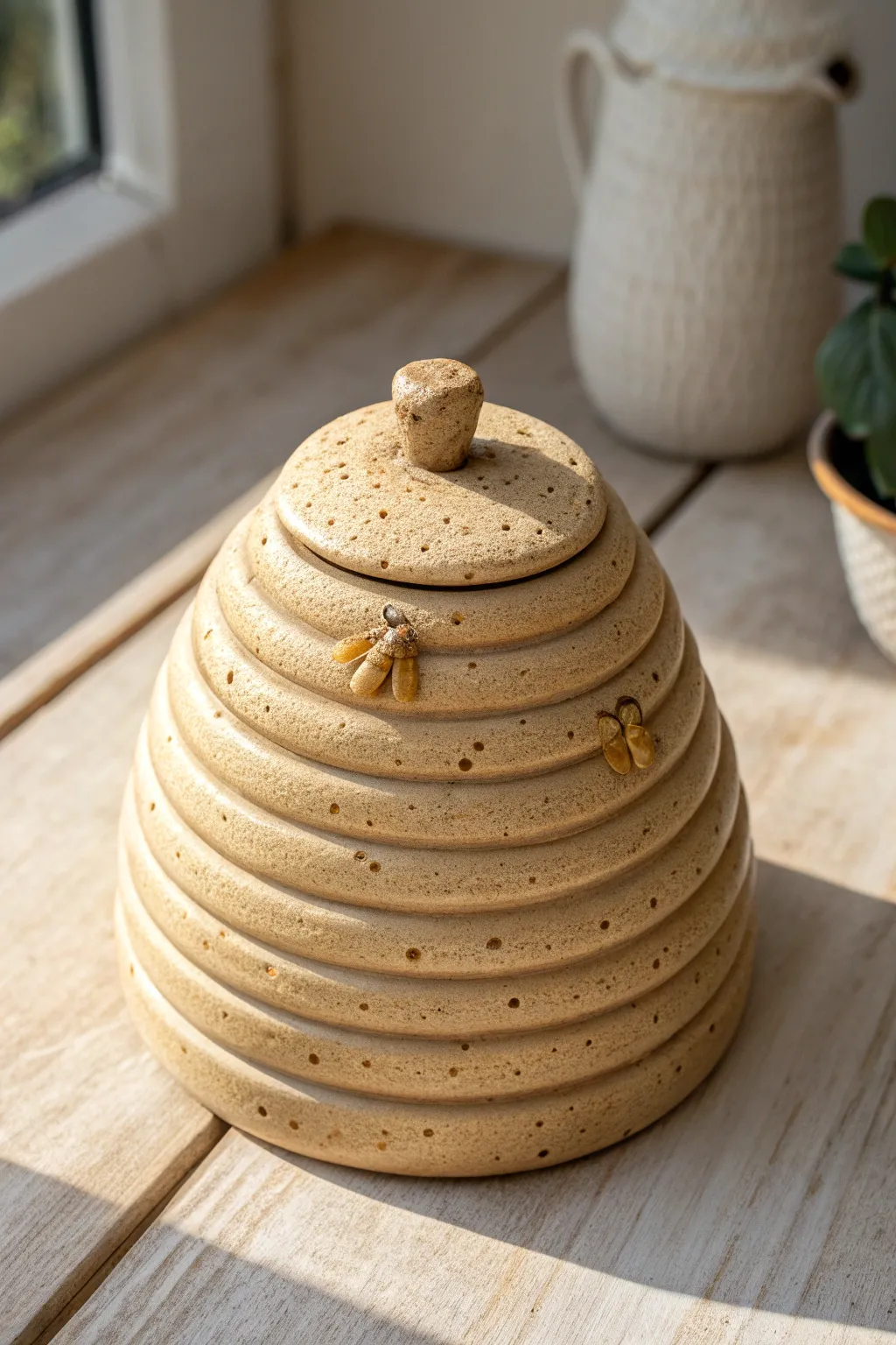 Beehive coil pinch pot with tiny clay bees, cozy minimalist decor with a boho touch