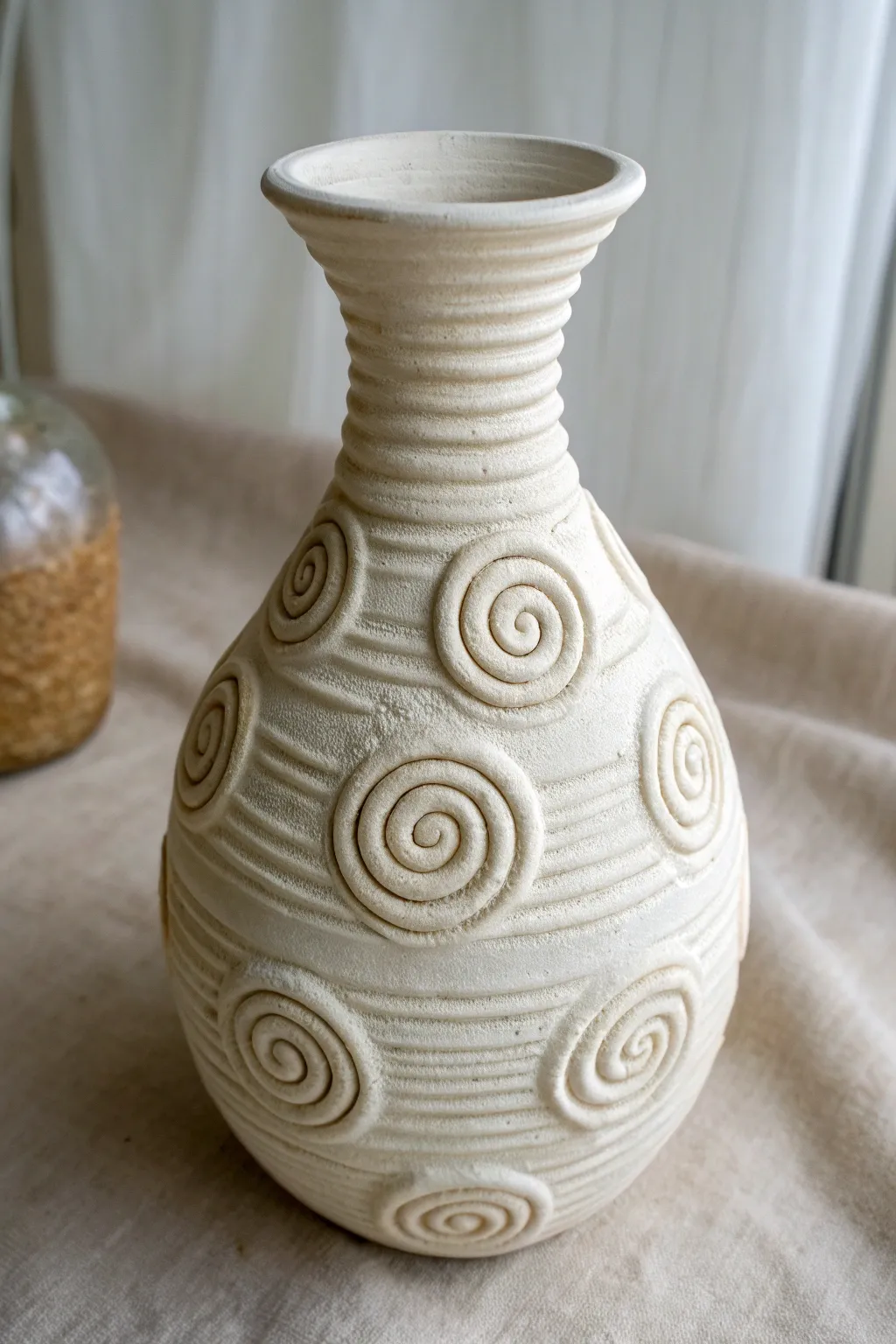 Minimal coil-built vase with spiral appliqués that pop against a soft Scandinavian backdrop