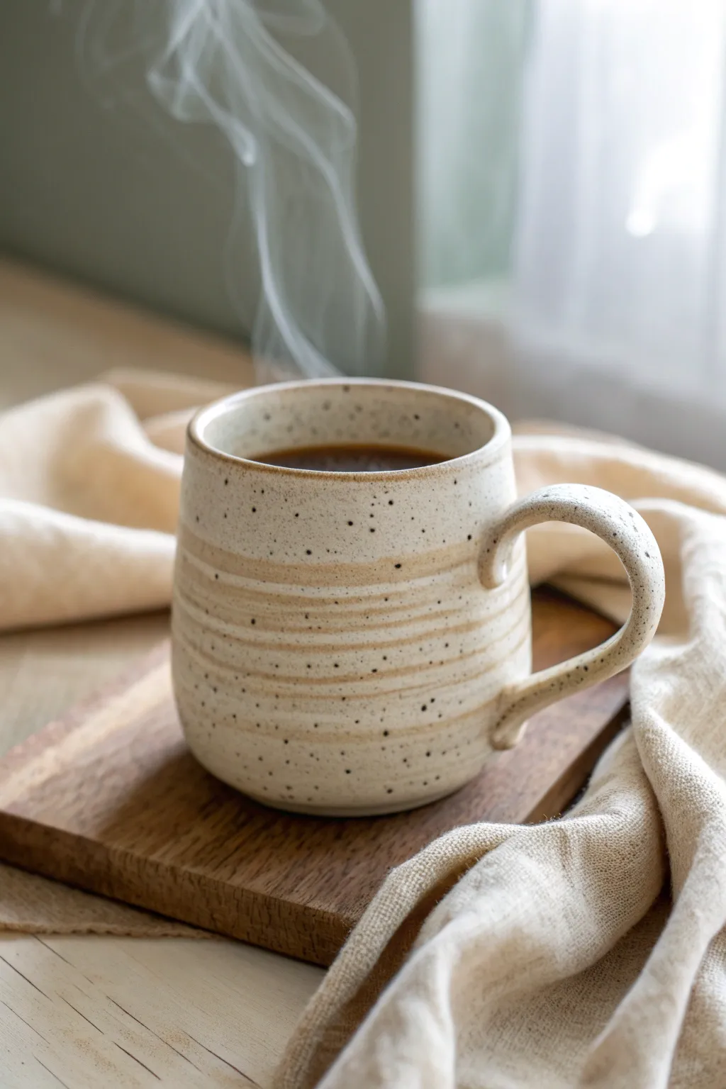 Coil mug with an easy strap handle, subtle rings, warm steam, and calm minimalist studio mood
