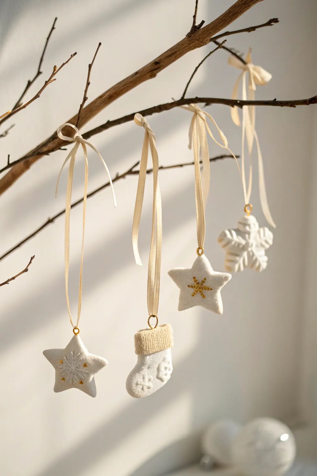 Cold porcelain ornaments in matte white with soft metallic accents on a simple winter branch