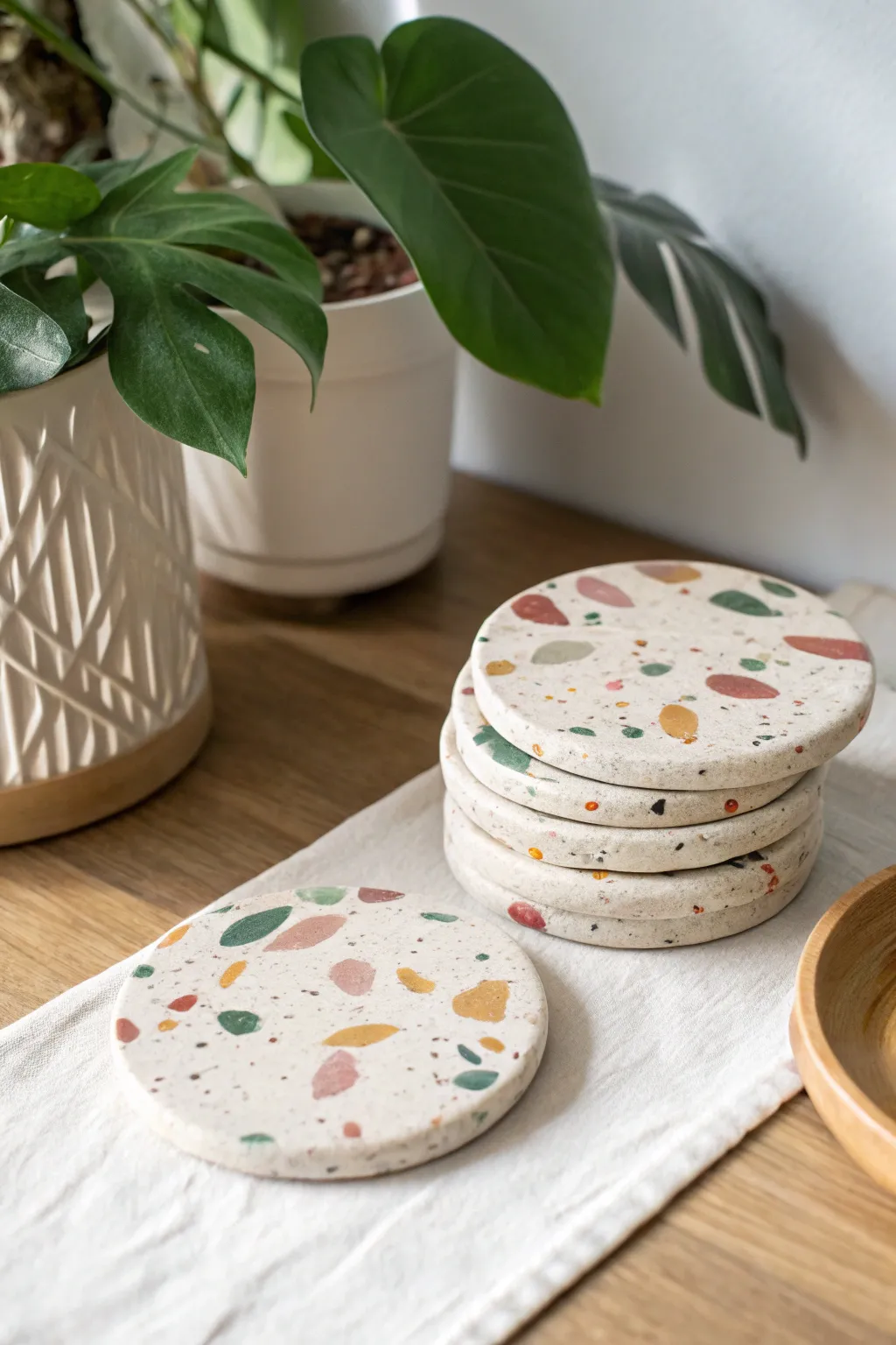 Terrazzo clay coasters in soft boho colors, stacked for a clean Scandinavian look.