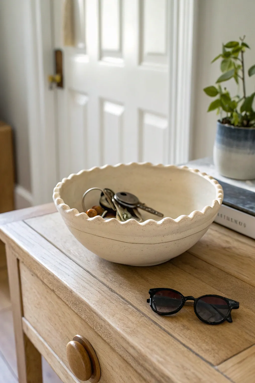 Satin wavy-rim catchall bowl by the door, holding keys and sunglasses in calm minimalist style.