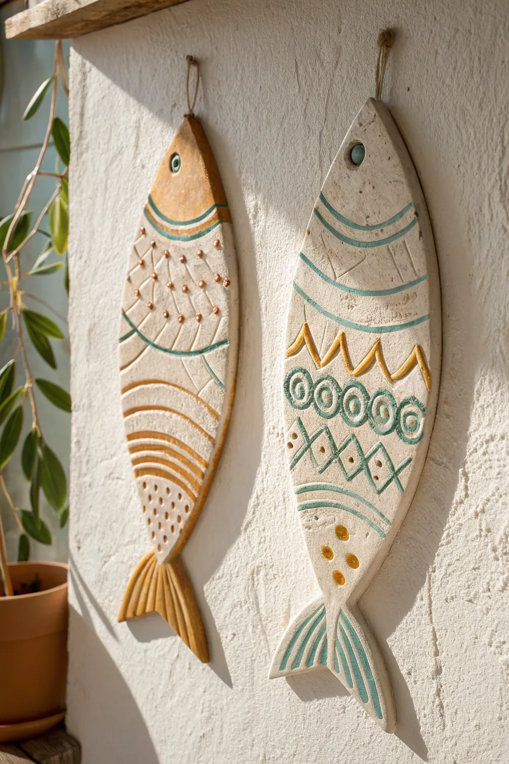 Playful slab fish wall plaques with carved lines and bright patterns, perfect for kid-made clay art.