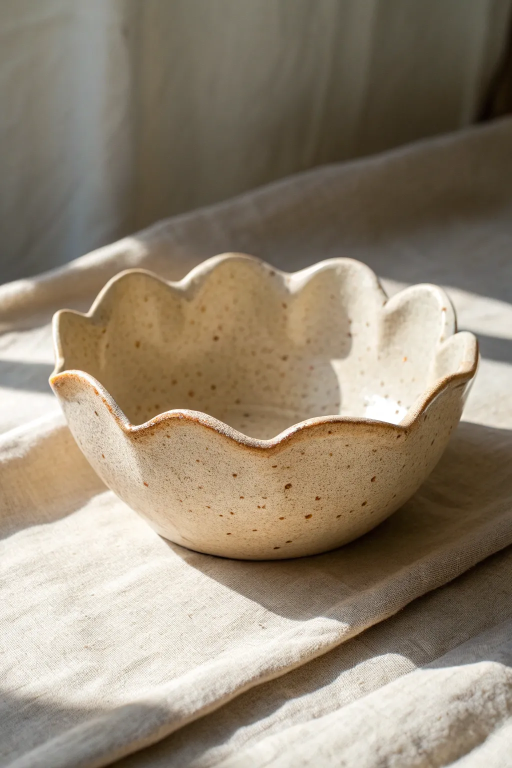 Flower bloom pinch pot with a petal rim, softly lit for a calm Scandinavian boho look
