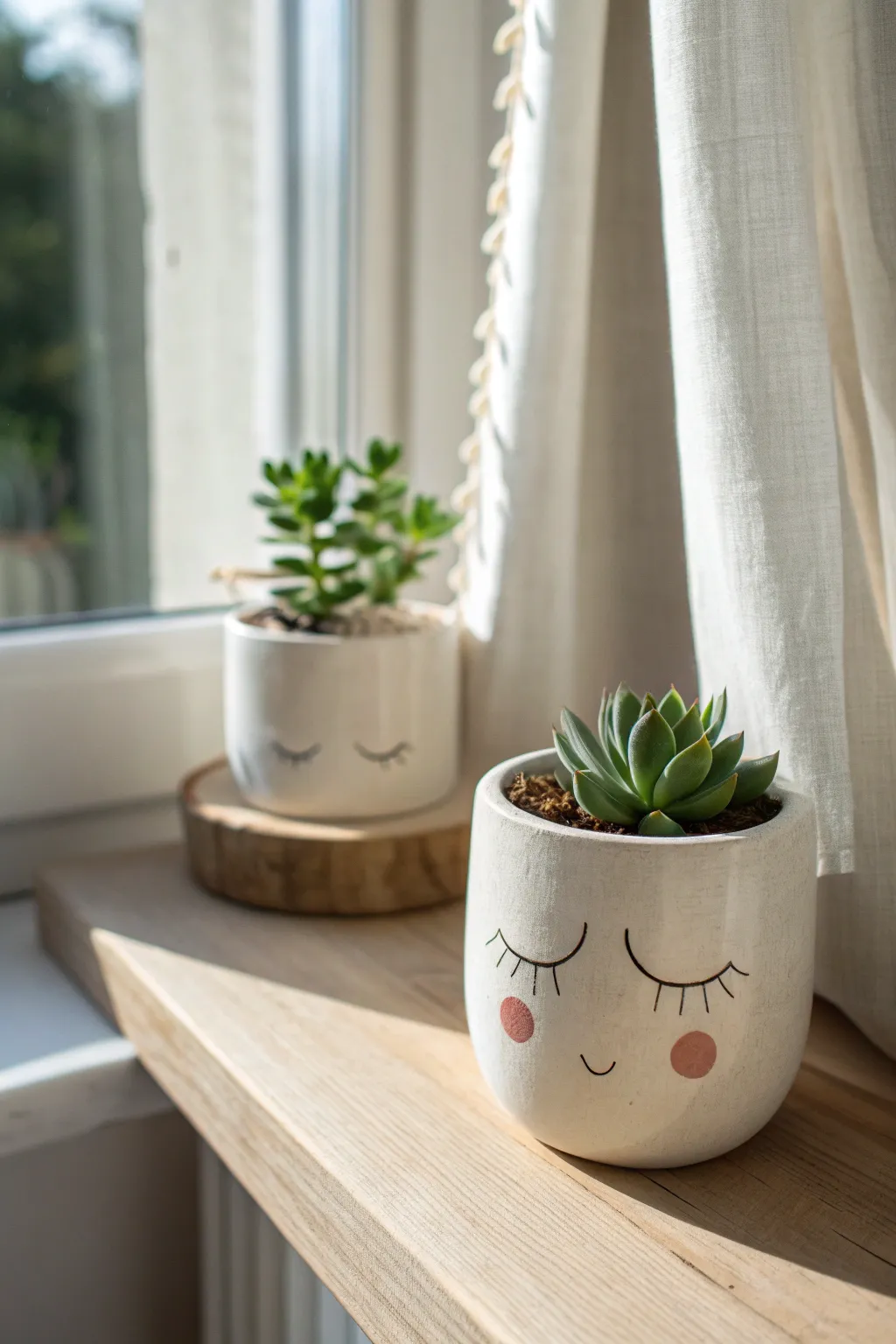 Sweet minimalist face planter with a tiny succulent, sunlit on a cozy windowsill.