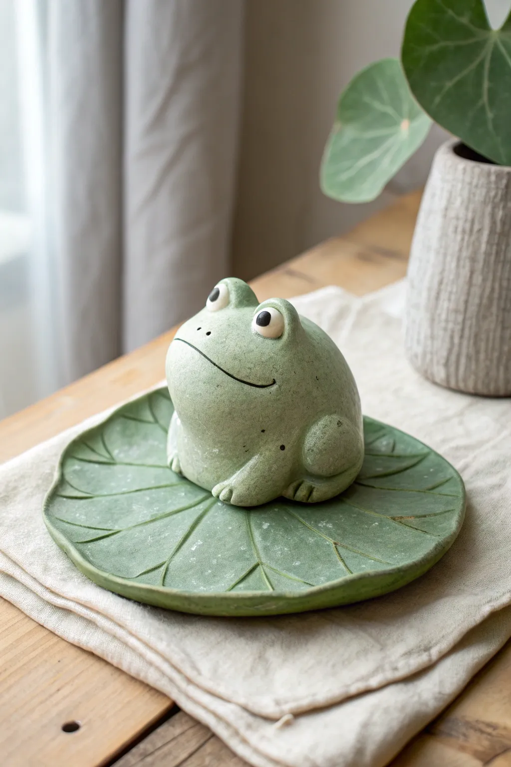 Cute beginner clay frog on a lily pad, made from simple shapes for a calm minimalist boho vibe.