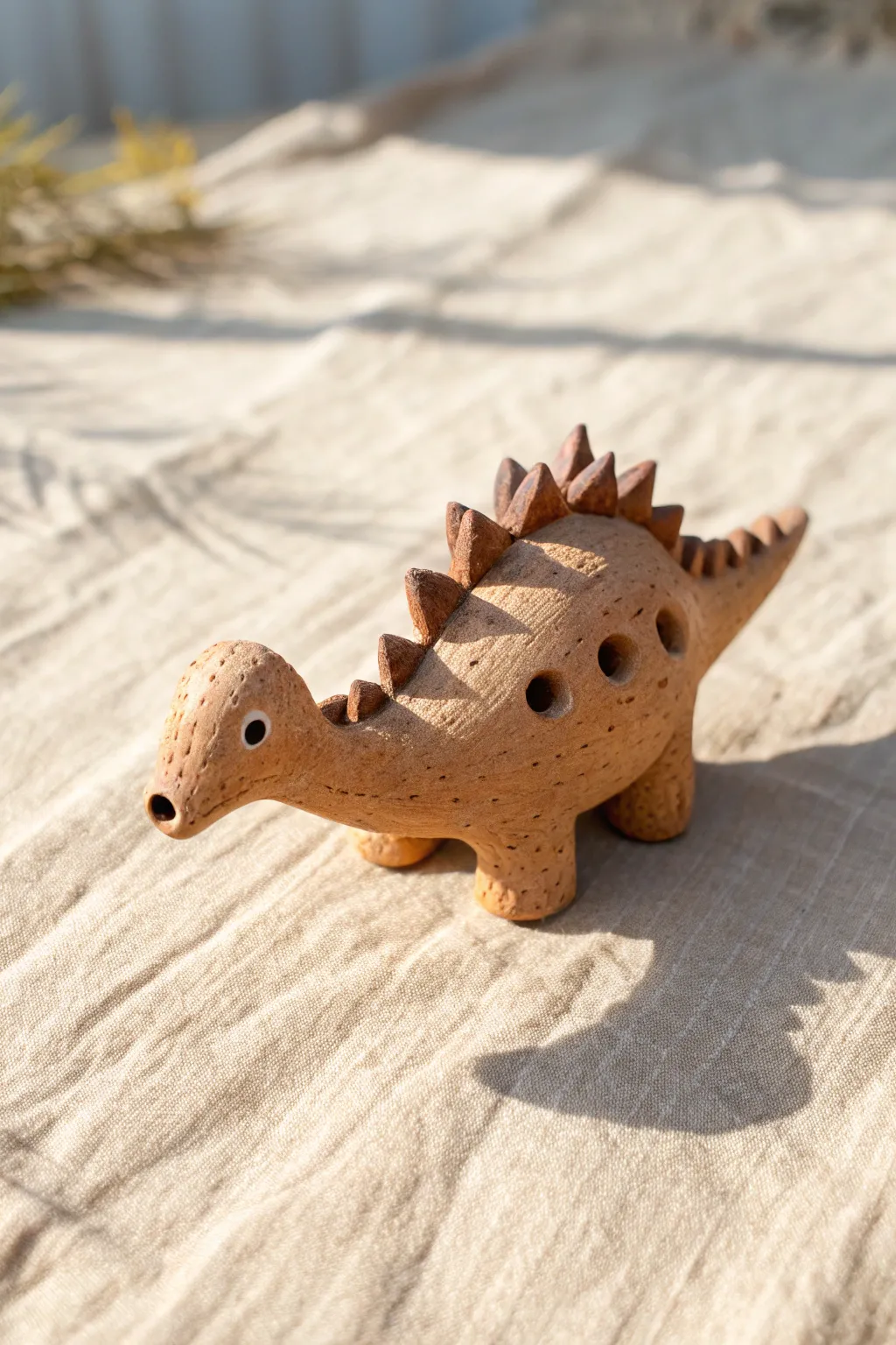 Chunky dinosaur clay whistle with spiky texture and tail mouthpiece in calm minimalist style.