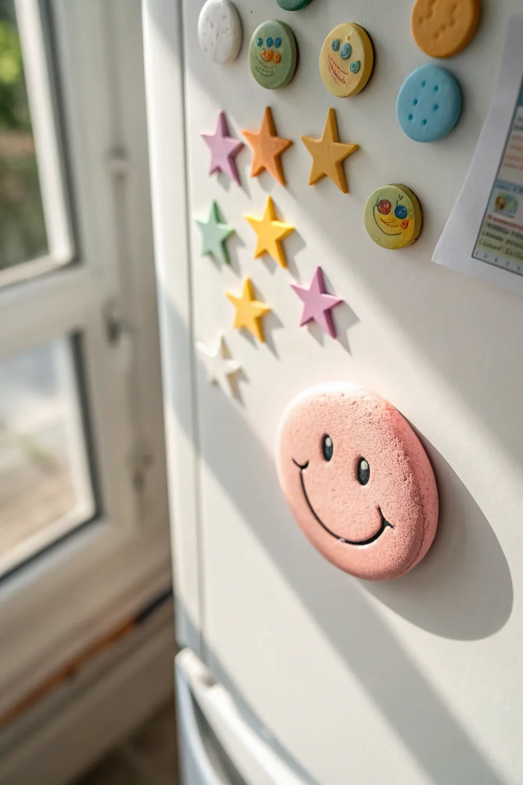 Handmade smiley clay fridge magnet in soft pastel tones, minimalist Scandinavian vibe