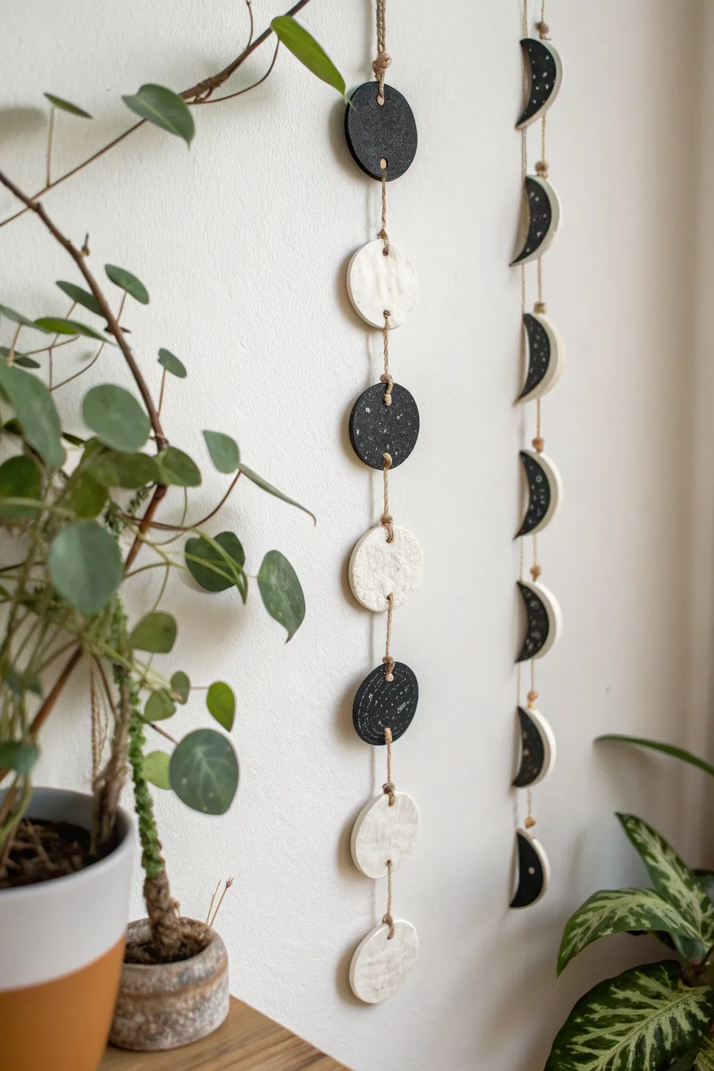 Marbled moon phase polymer clay garland tiles with moody light and clean minimalist styling