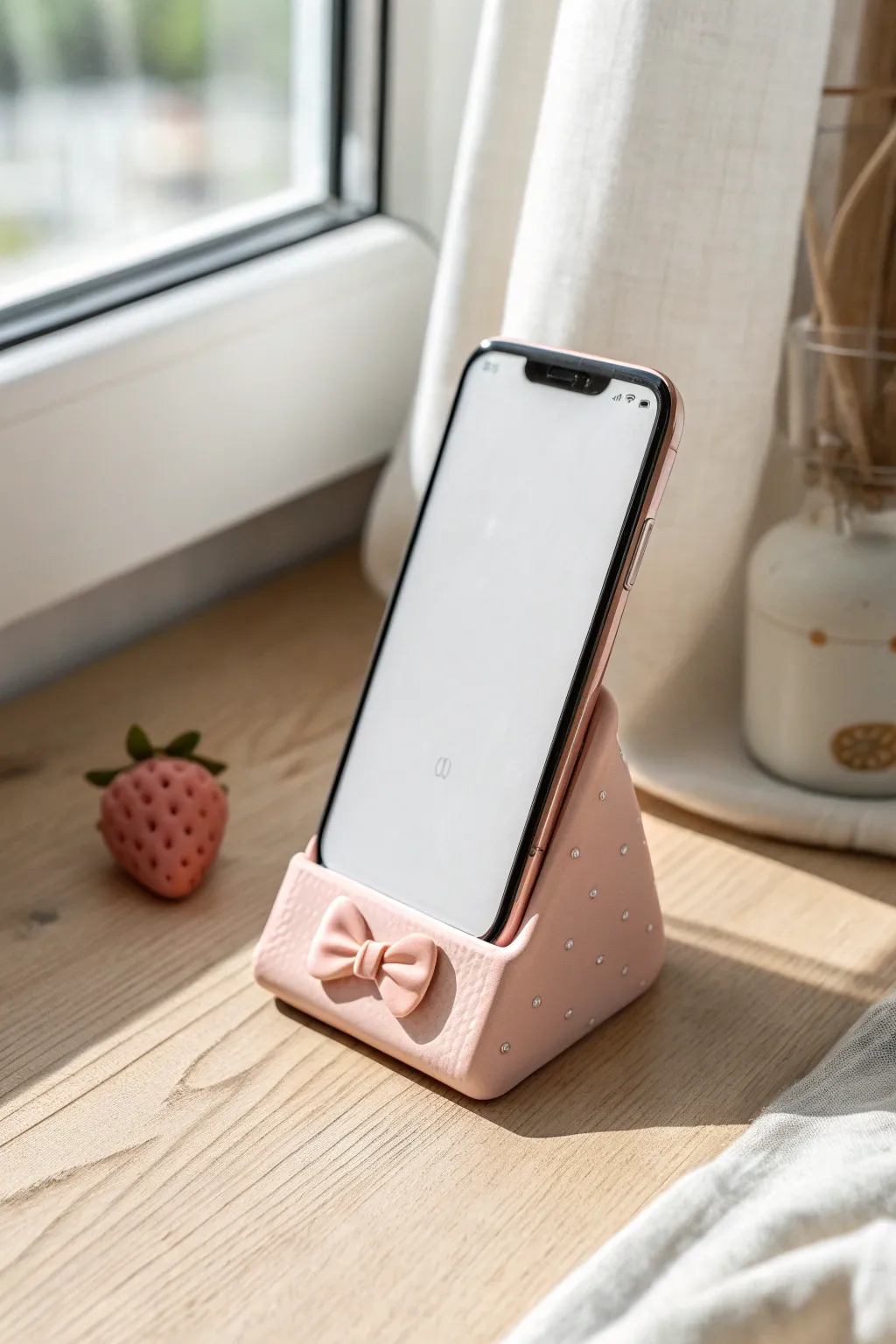 Sweet strawberry milk phone stand in blush clay, minimal and coquette, handmade charm.