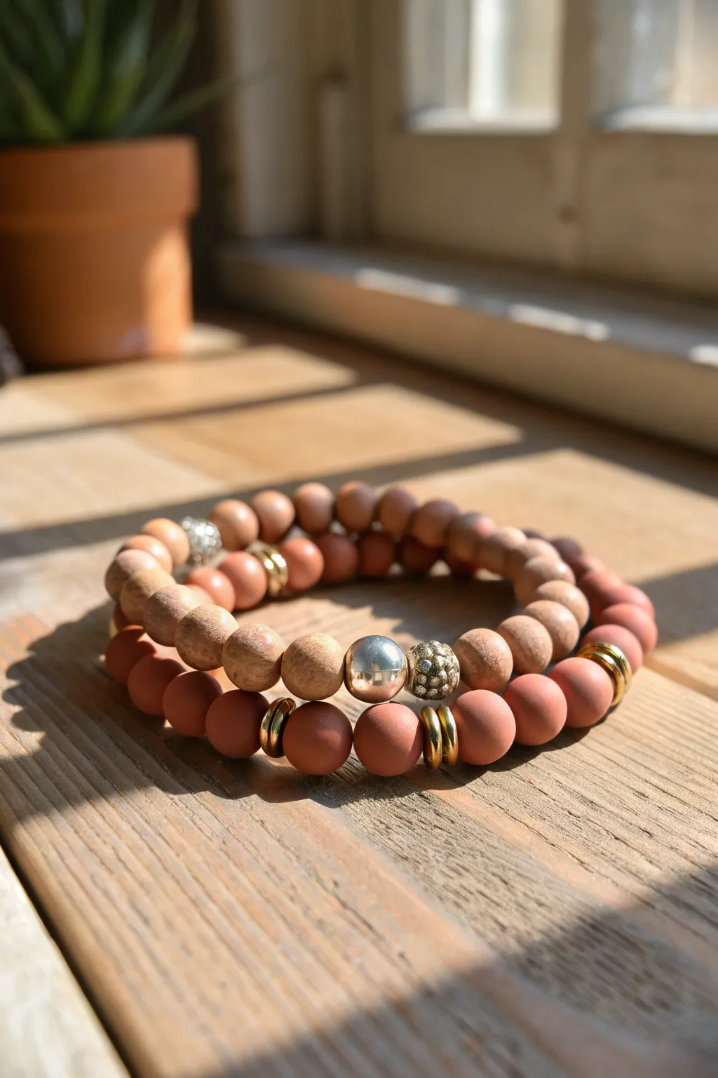 Matte clay discs and bold metallic spacers create a rodeo-ready bracelet stack with minimalist charm.