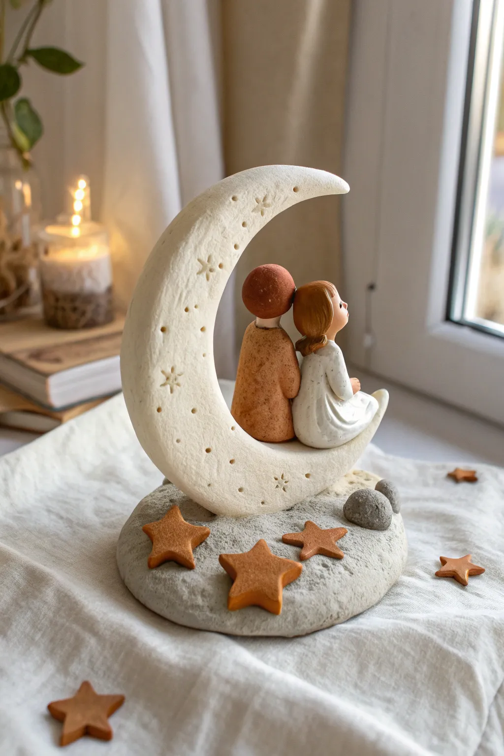 Crescent moon couple figurine in matte clay, dreamy minimalist boho decor that feels easy to DIY