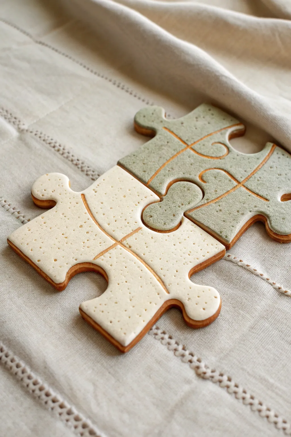 Two puzzle-piece clay tiles that click together, mixing minimal lines and soft texture.