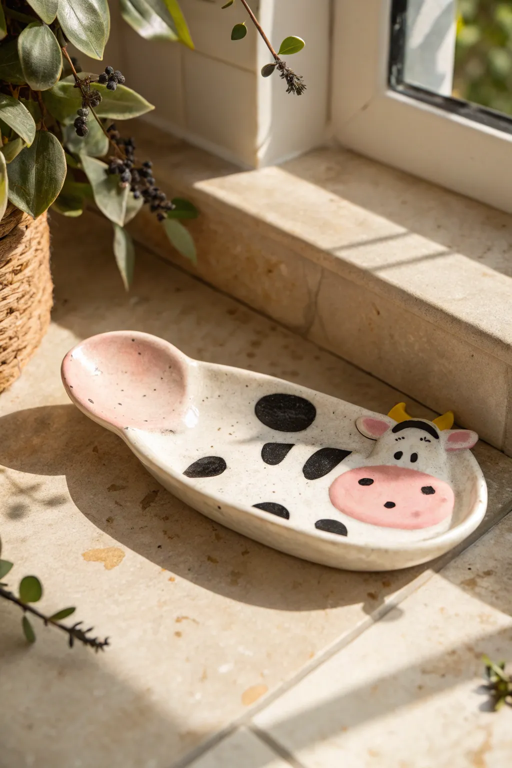 Flat cow spoon rest in soft pink and black spots, minimalist pottery charm for cozy kitchens.