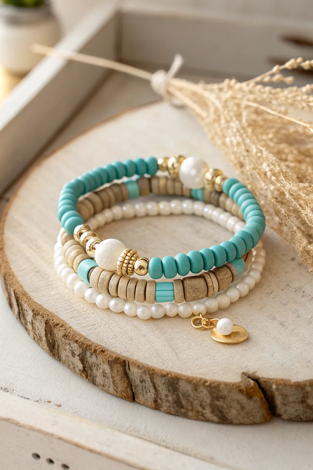 Pearl and clay cowgirl glam stack with turquoise heishi, soft pearls, and golden spacers