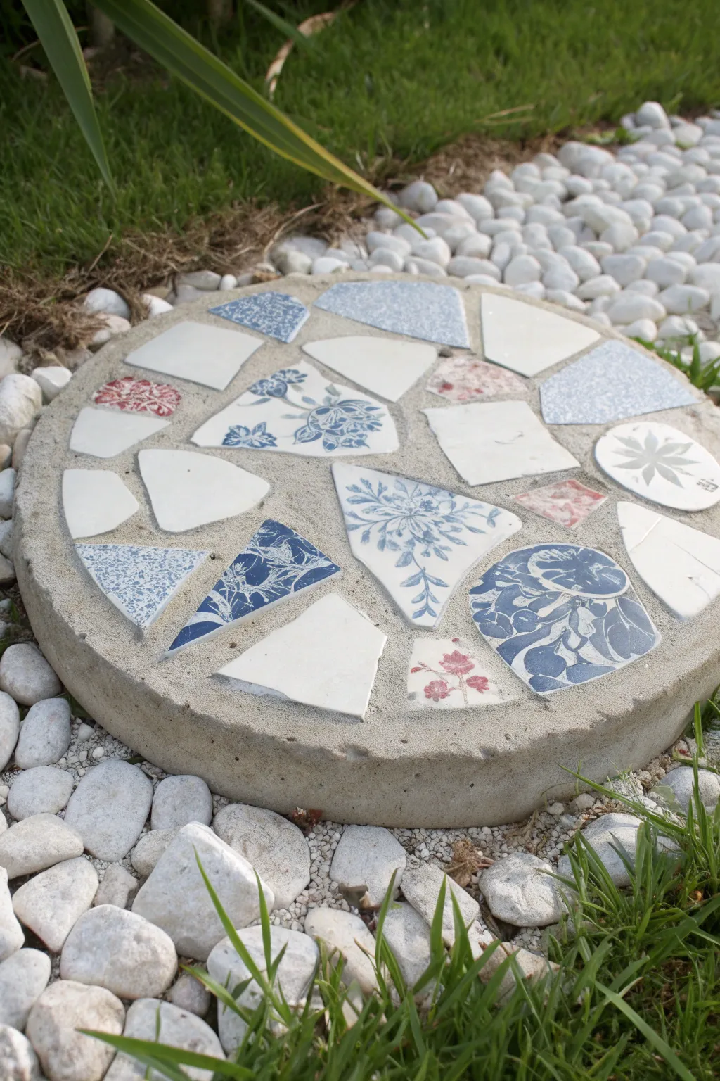 Turn broken china into a chic mosaic stepping stone for a calm, boho-minimal garden path.
