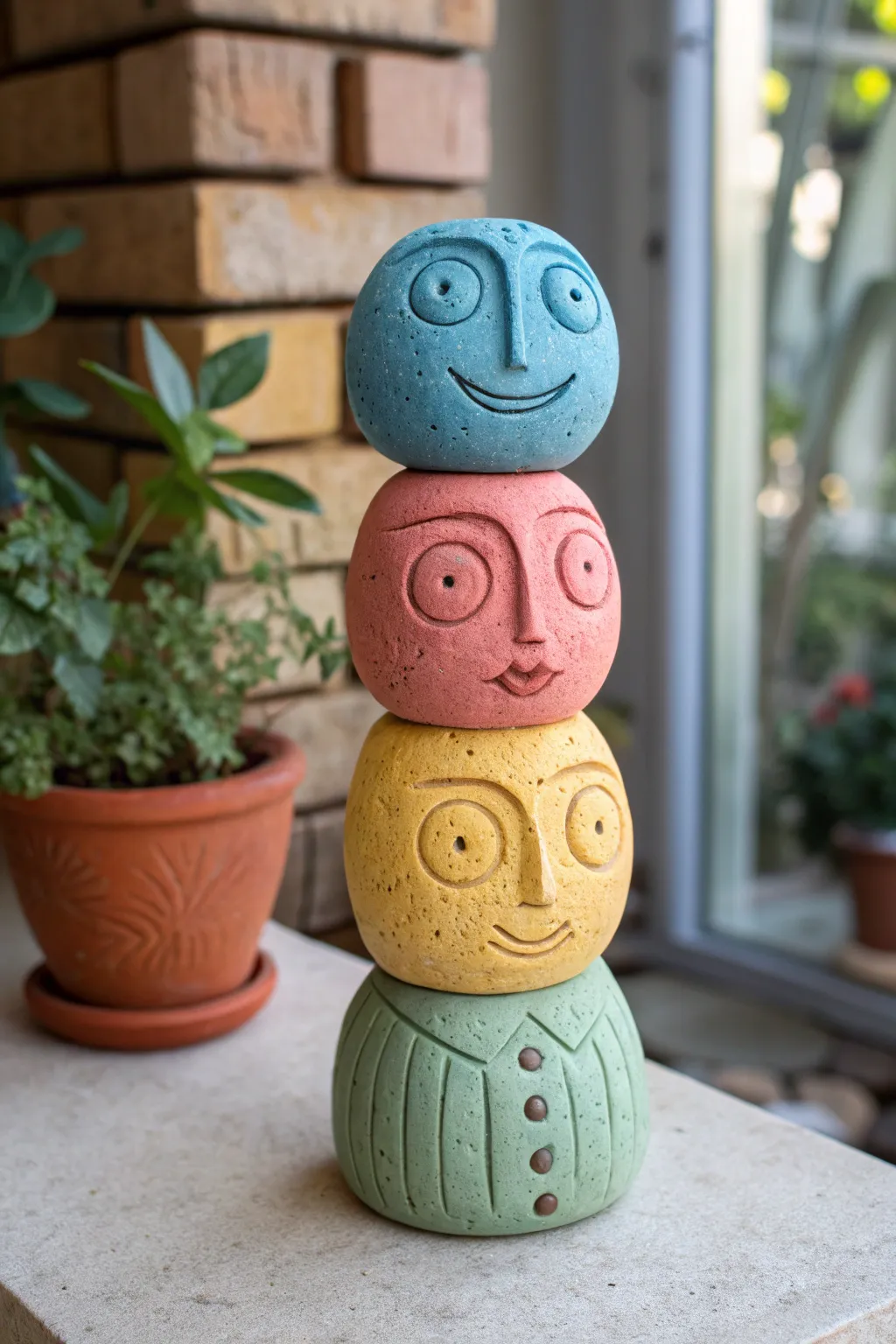 Stacked clay totem weirdos in bold colors, simple faces, and playful handmade textures