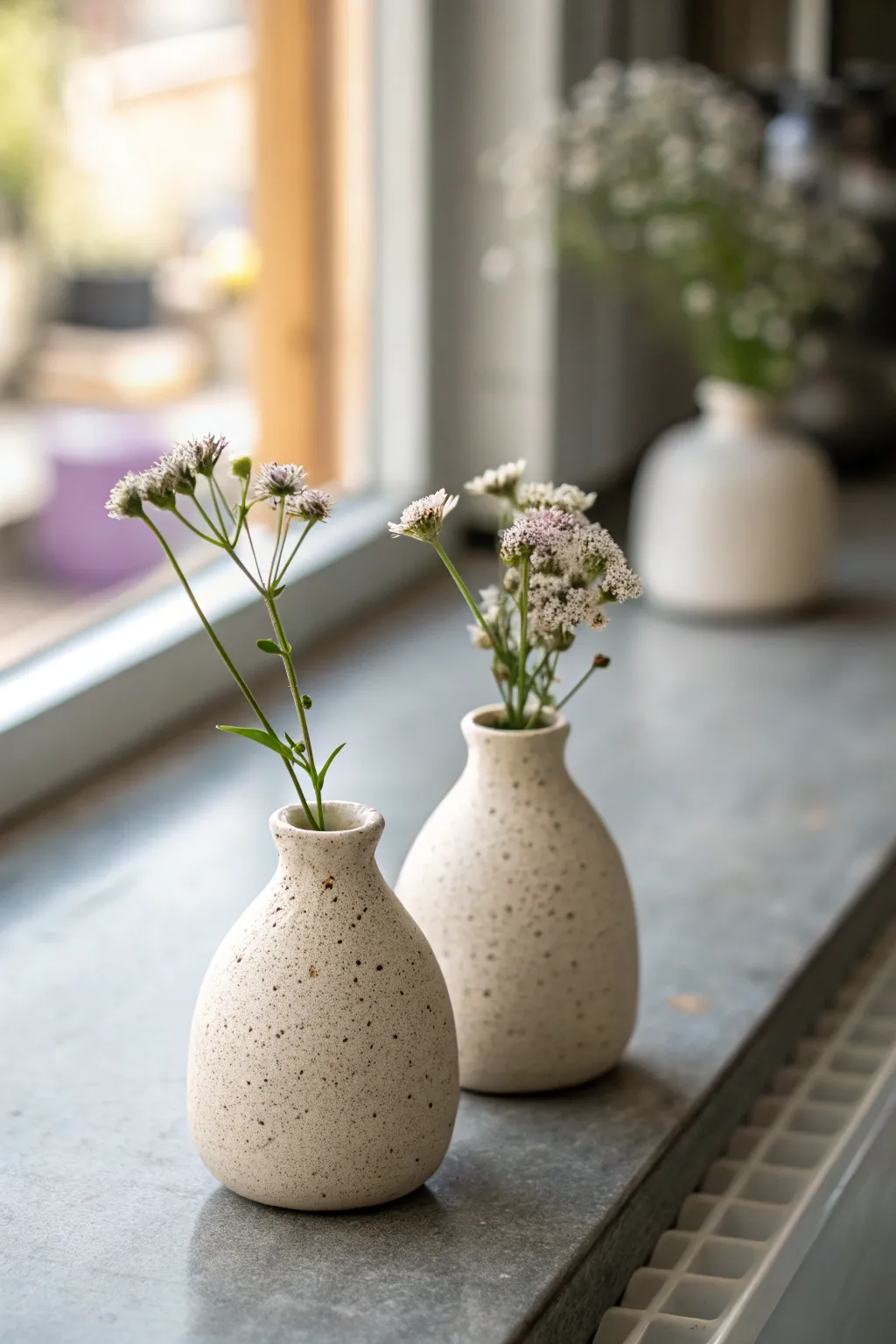 Two handmade magnetic mini bud vases, minimal clay craft for tiny flowers on a metal board.