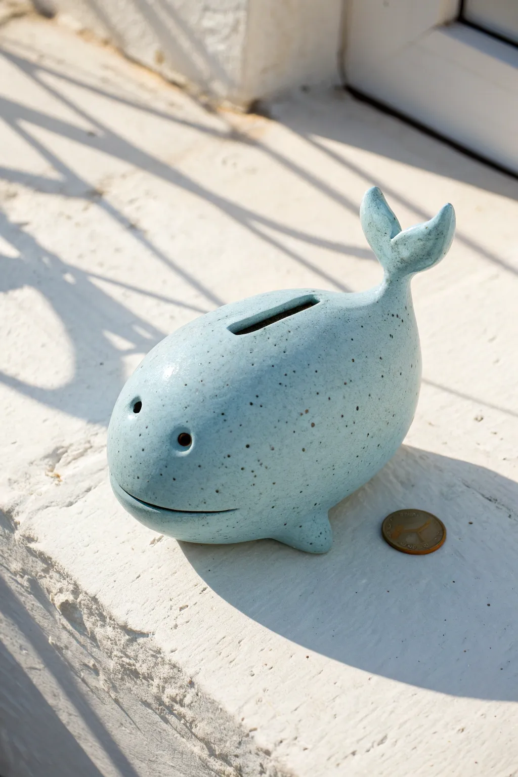 Soft blue whale bank with wave coin slot, minimalist coastal charm for creative clay savings.