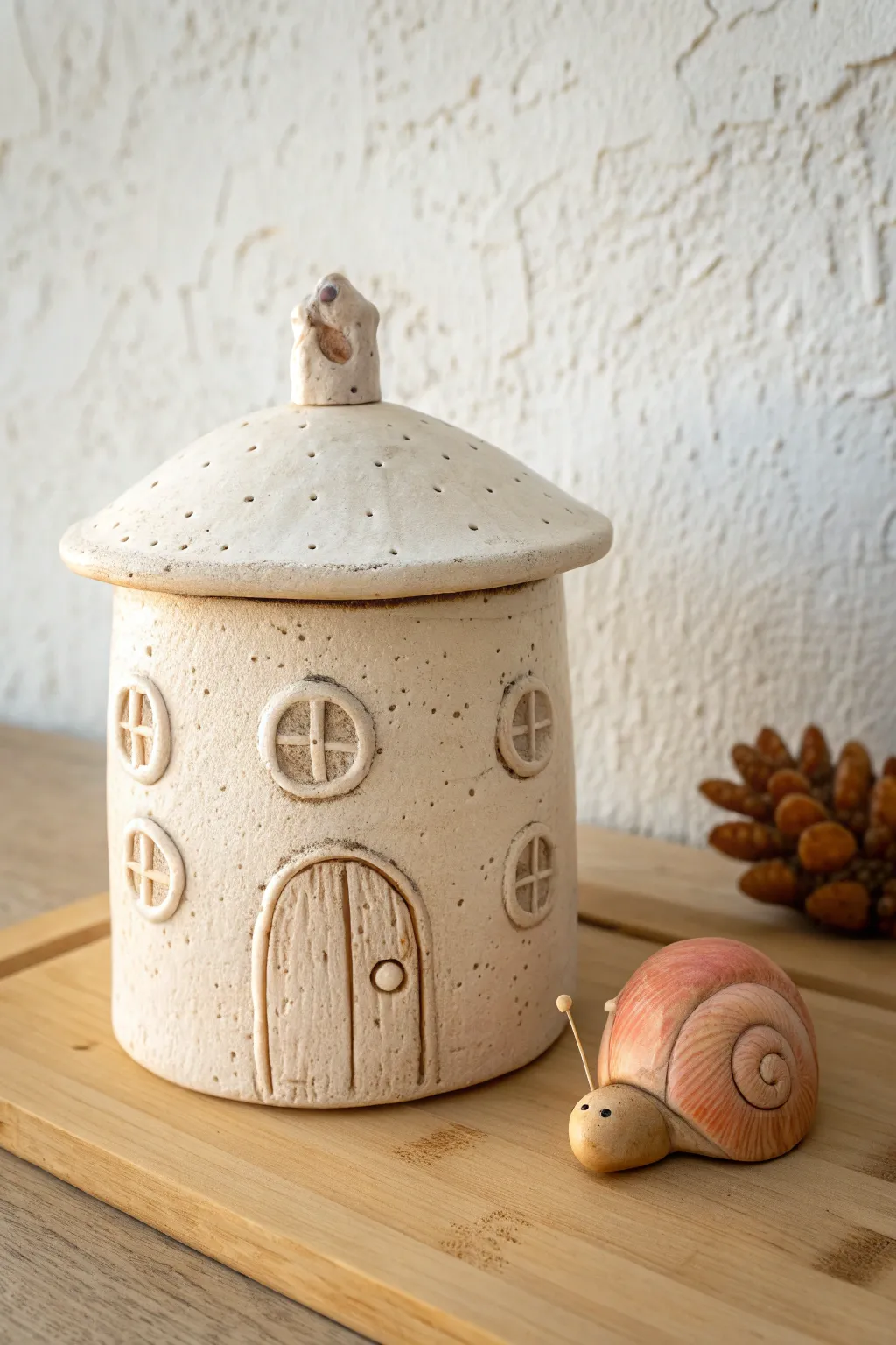 Whimsical fairy house jar with a chunky clay snail, perfect for sweet boho-minimal decor.