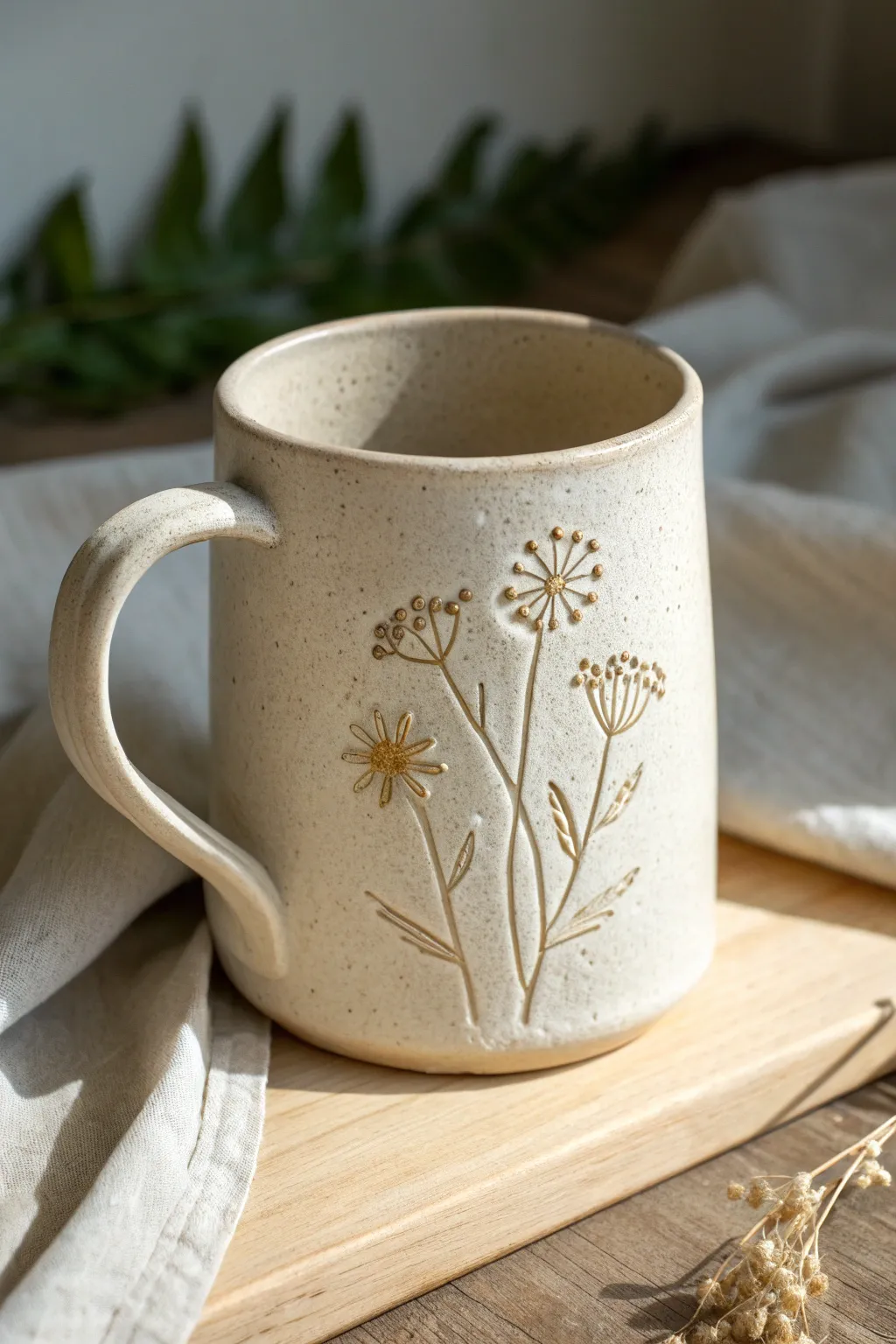 Minimal wildflower appliqué mug in soft daylight, showing crisp relief and handmade texture.