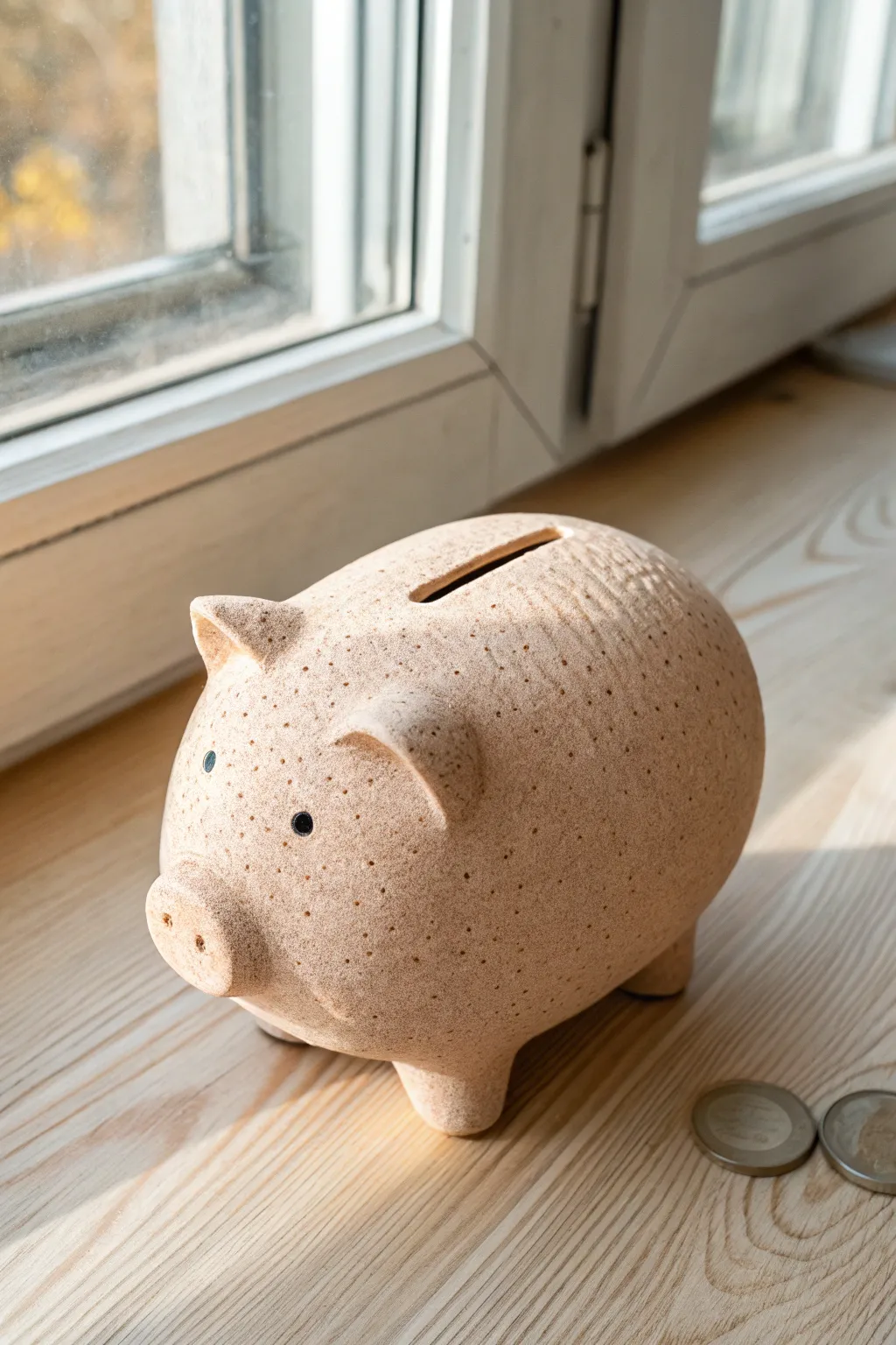 Matte blush piggy bank with stippled faux-fur texture for a cozy minimalist look