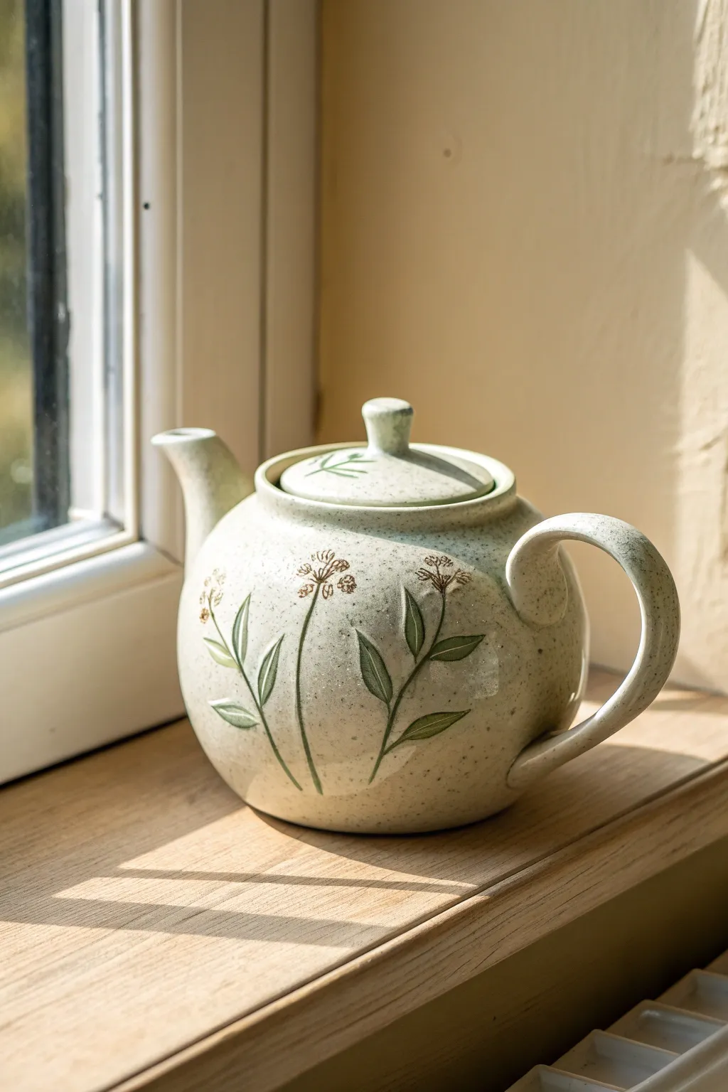 Delicate botanical appliqué teapot with leafy vines, perfect for a bright windowsill nook.