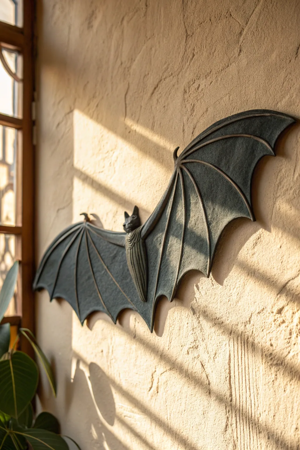 Minimal bat wing wall hanging in matte charcoal glaze, bold contrast and cozy boho minimalism.