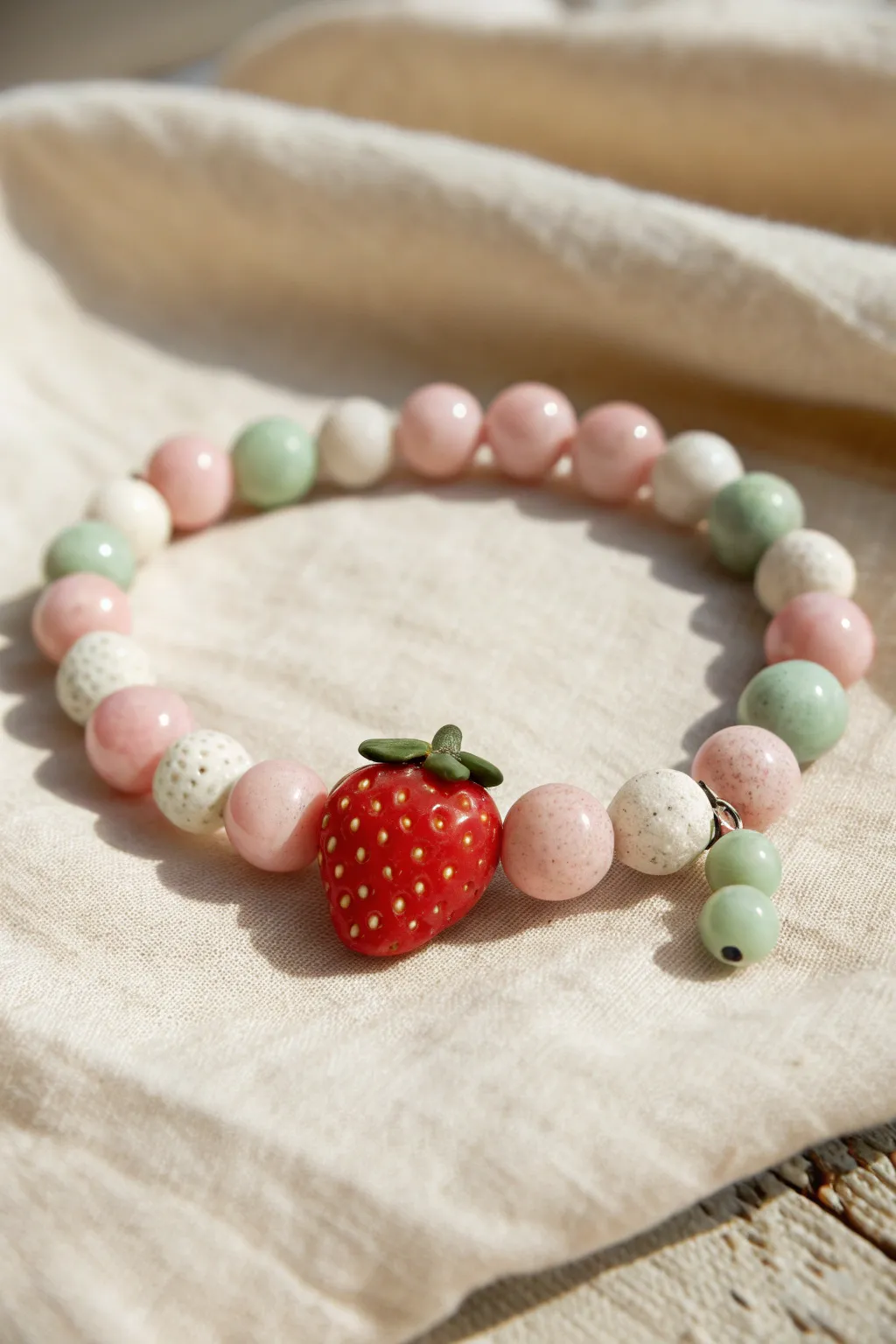 Strawberry charm bracelet with blush, white, and green accents for a sweet minimalist look