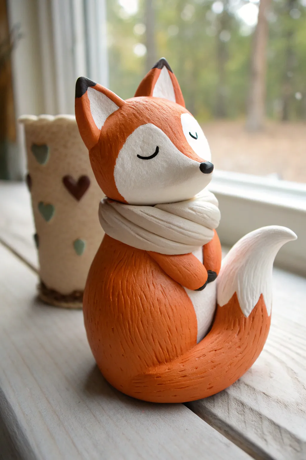 Snuggly air dry clay fox with an oversized curled tail, simple, cozy, and beautifully minimal
