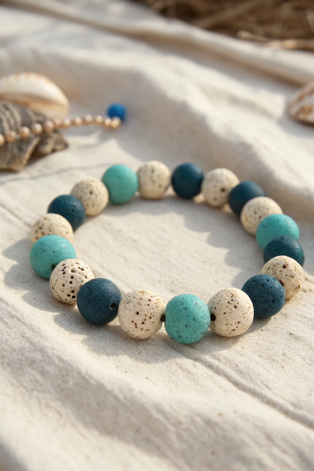 Aqua, navy, and speckled beads come together for an effortless tidal pool bracelet vibe.