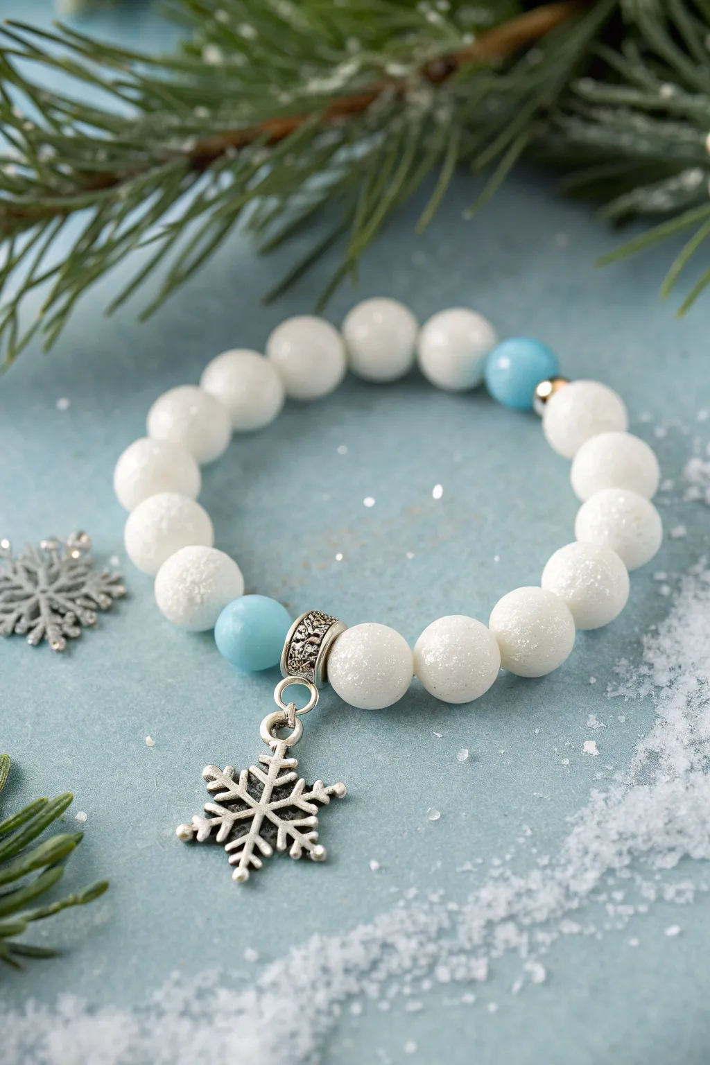 Snowy white clay beads with icy blue accents and a delicate snowflake charm for frosty vibes.