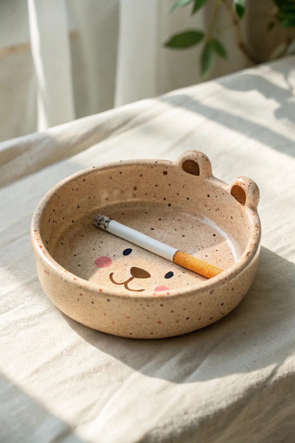 Chubby bear face ashtray with ear rests in warm pastels, minimalist boho charm today.