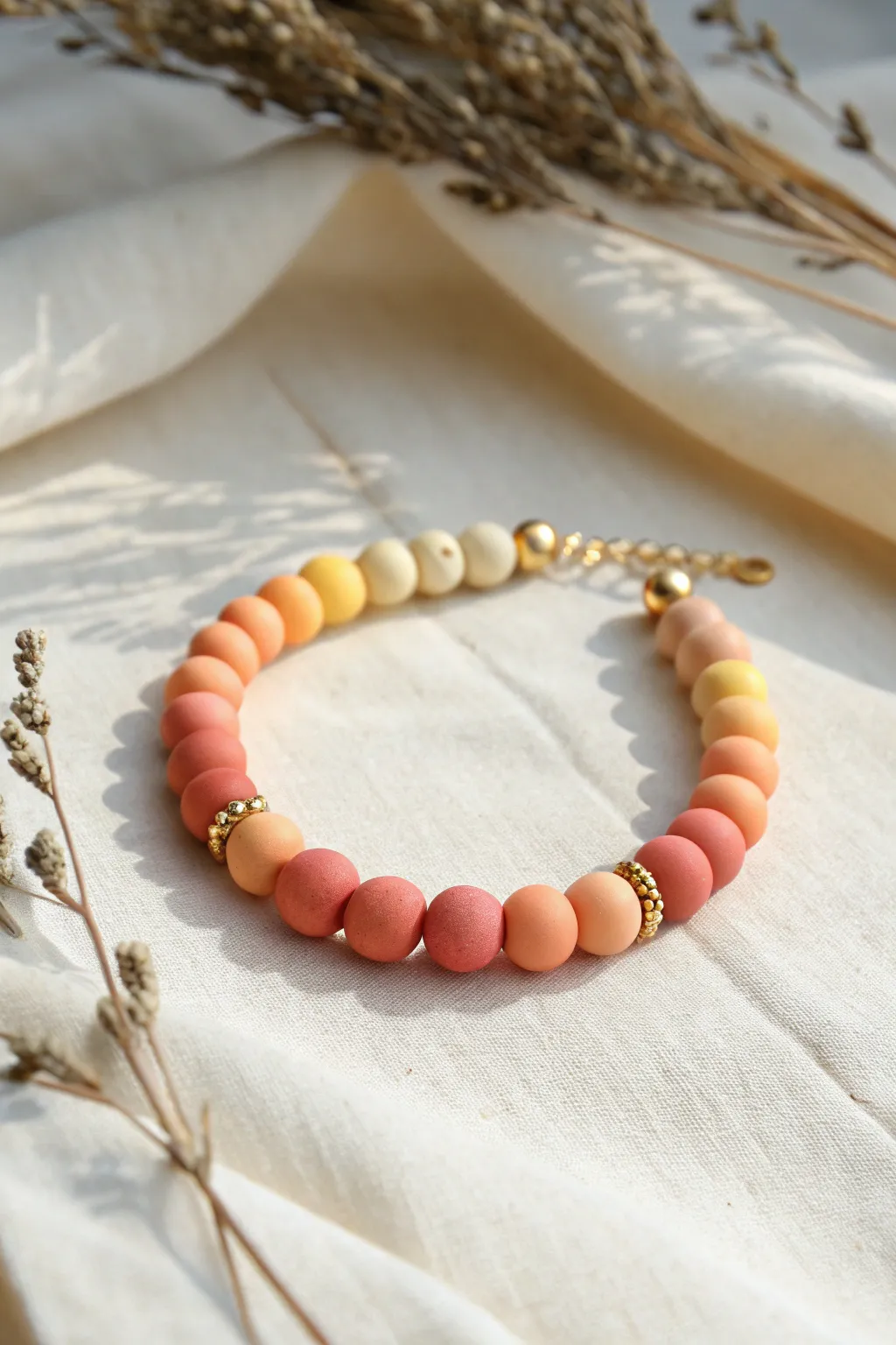 Ombre clay bead bracelet in coral to butter yellow, finished with subtle gold spacers