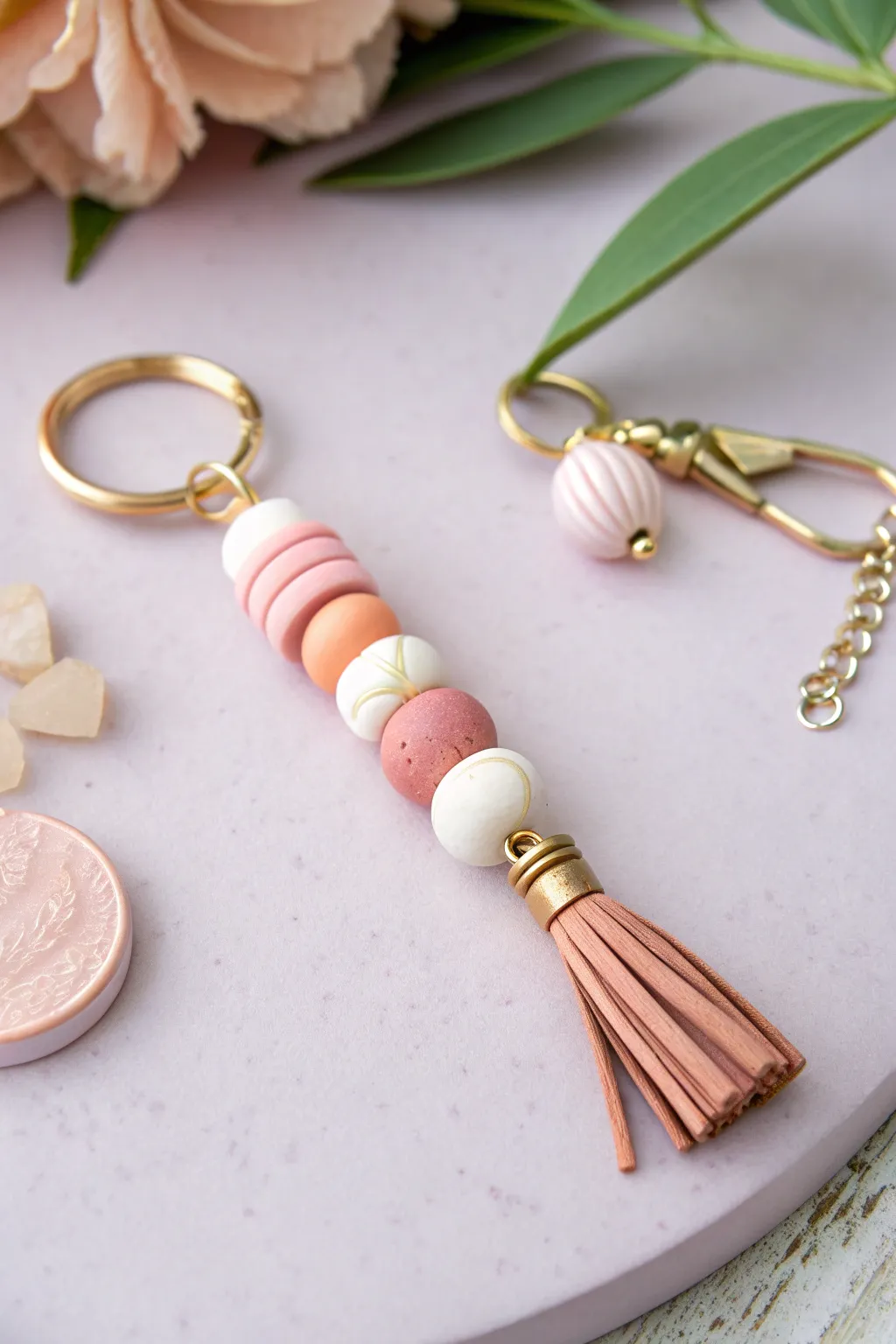 Marbled taffy swirl clay bead keychain in blush and cream, sweet pastel mood with clean contrast.