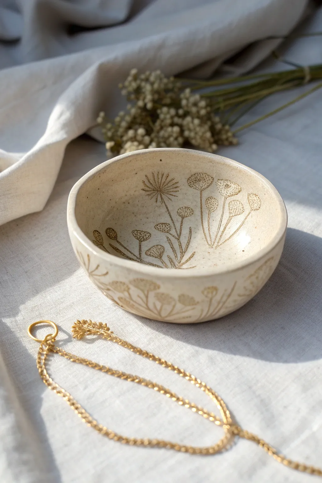 Stamped wildflower mini bowl in soft neutral tones, simple and sweet with a hint of boho charm.