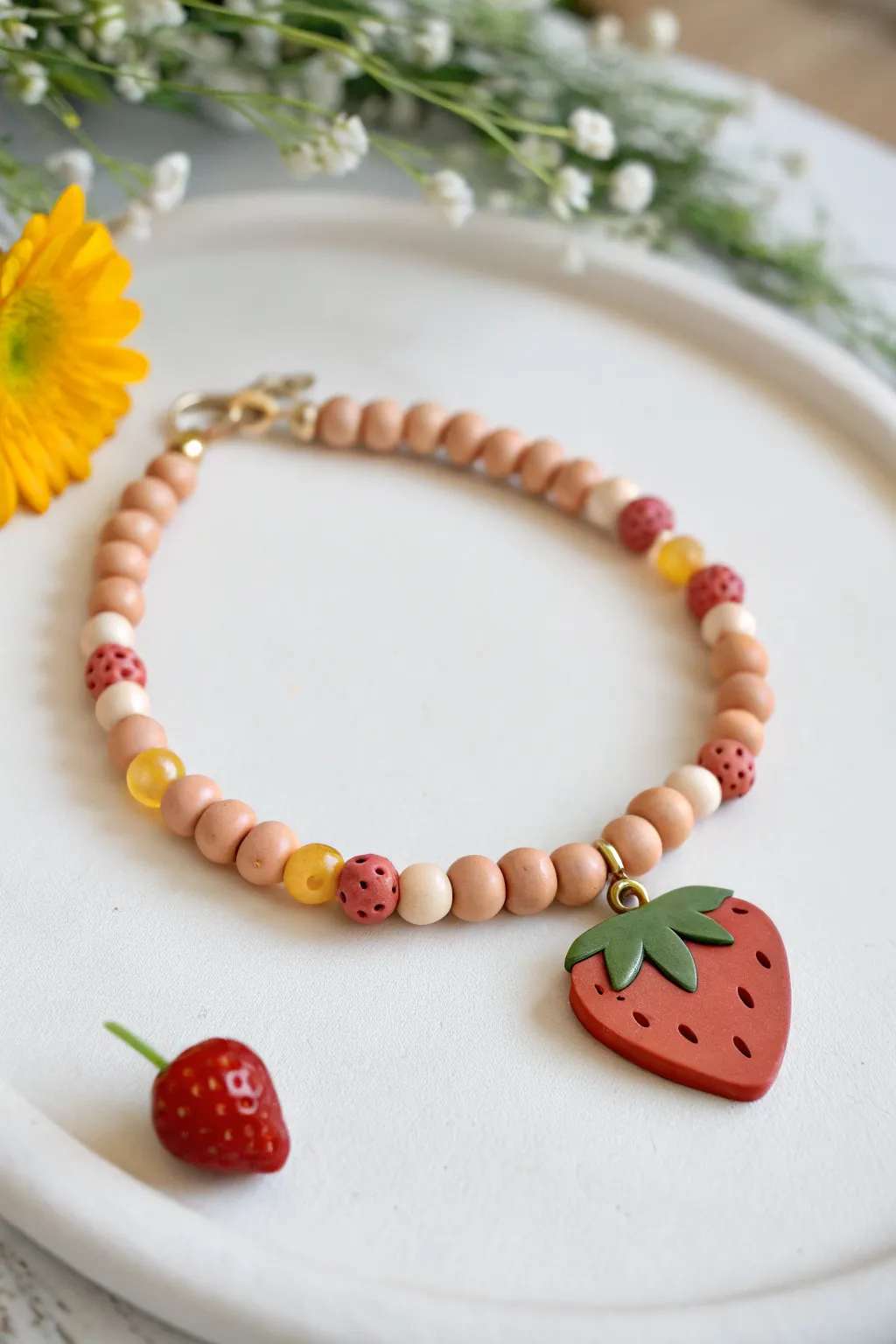 Sunny clay bead bracelet with a tiny strawberry charm for the cutest fruity pop