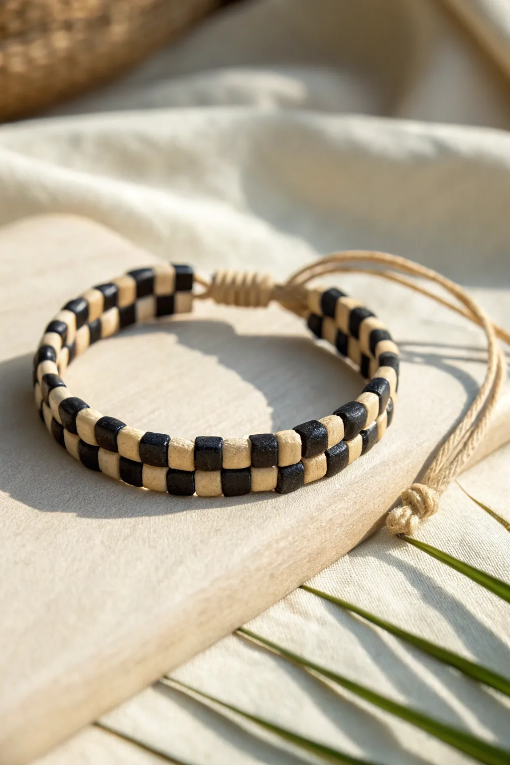 Mini checkerboard clay disc bead bracelet in matte black and ivory, simple and chic