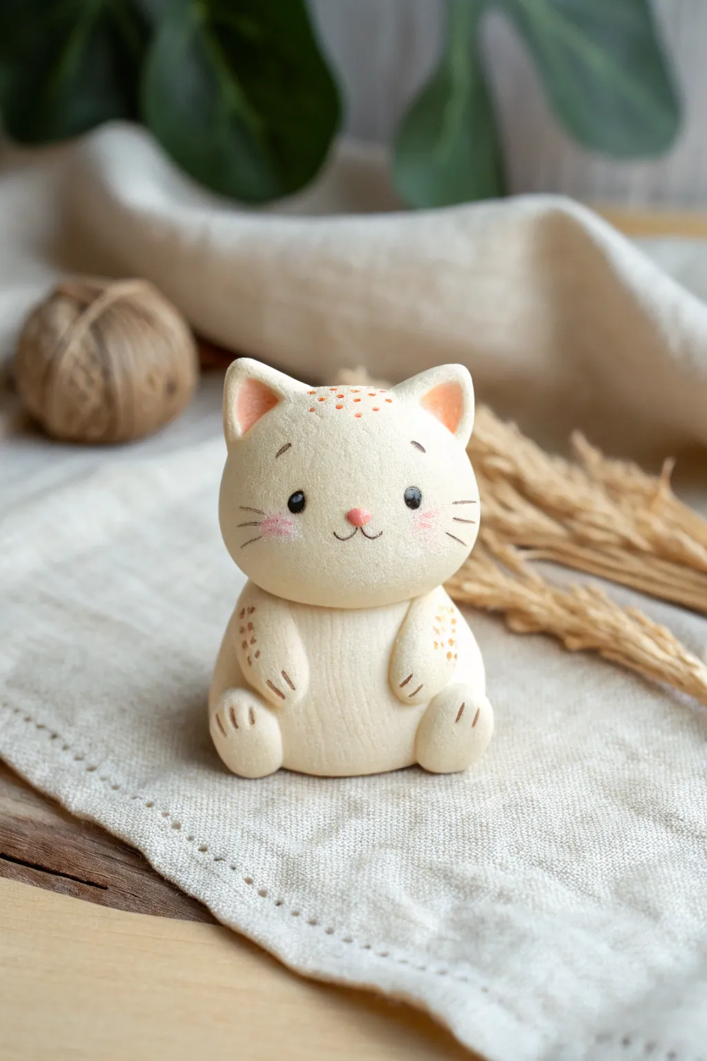 Tiny clay kitten with soft fluffy cheek and chest texture in a clean minimalist boho style