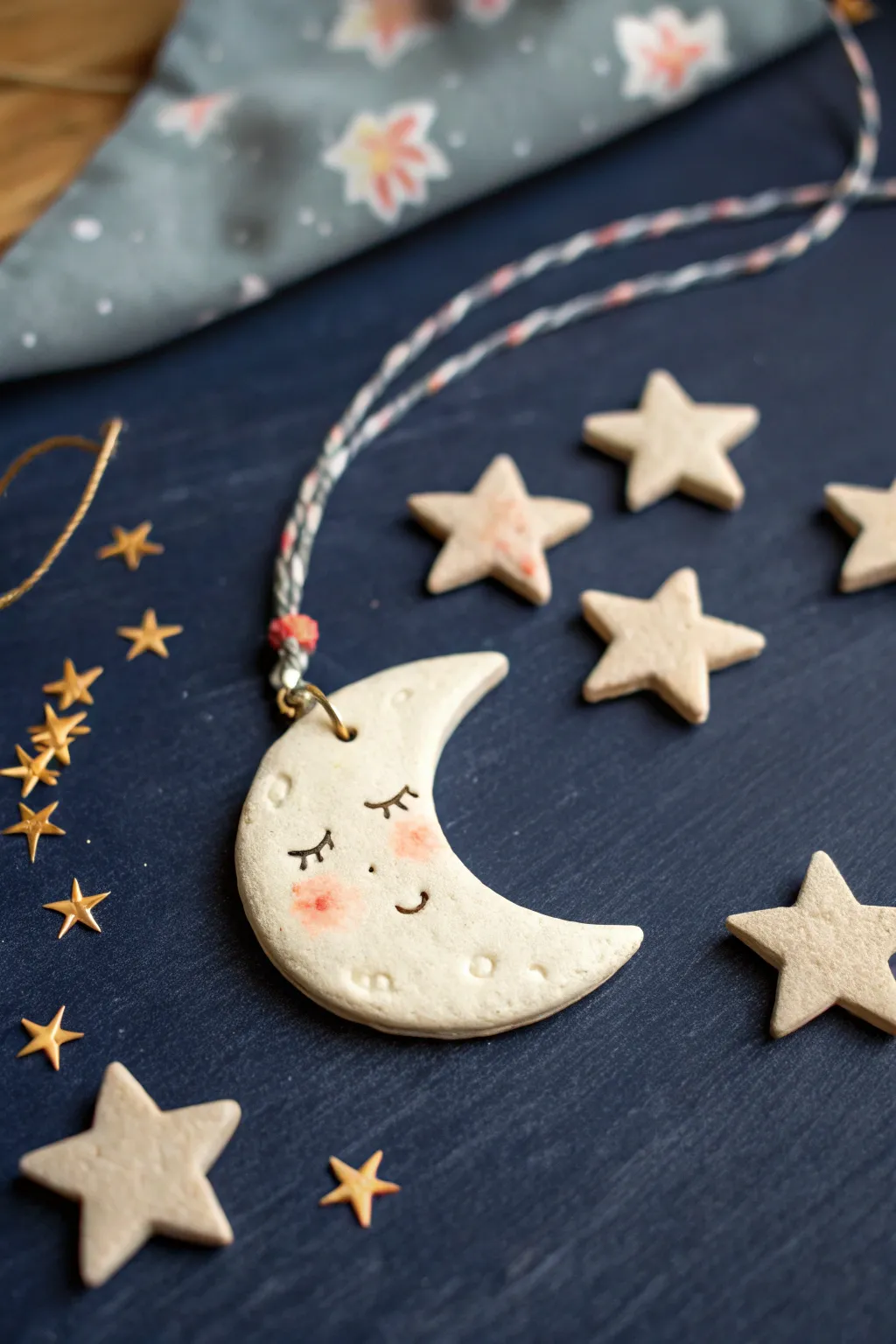 Mini moon and star clay charms form a sweet constellation on deep navy for cute DIY decor.