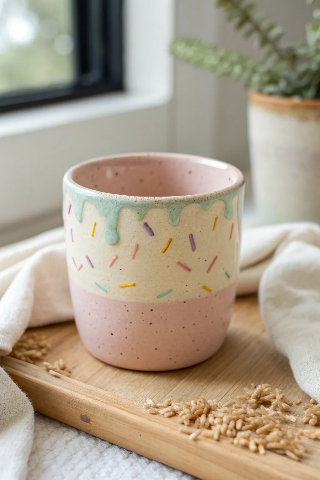Dessert-cute drippy icing clay cup with pastel sprinkles, minimalist Scandinavian-boho charm.