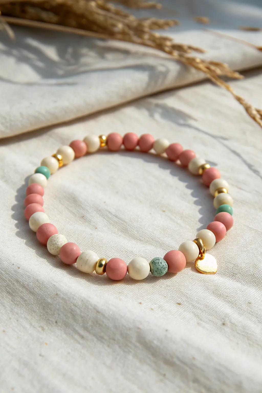 Candy-cute clay bracelet with tiny hearts and sprinkle accents in soft Scandinavian boho tones