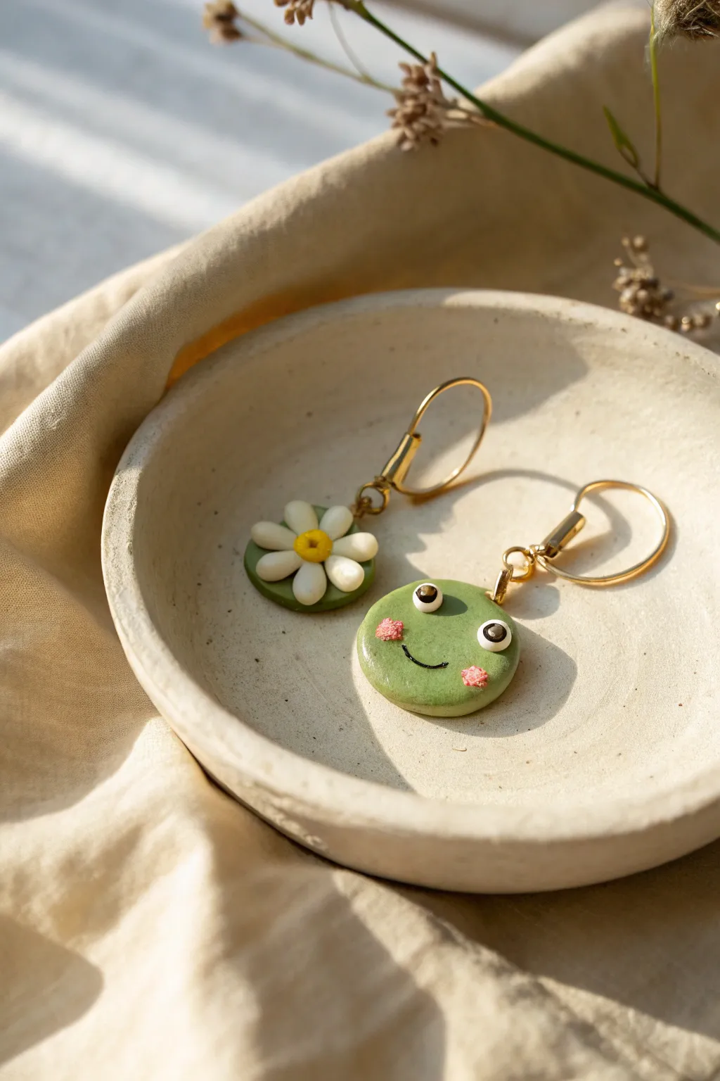 Frog friend clay earring with rosy cheeks and a tiny flower detail, simple and sweet.