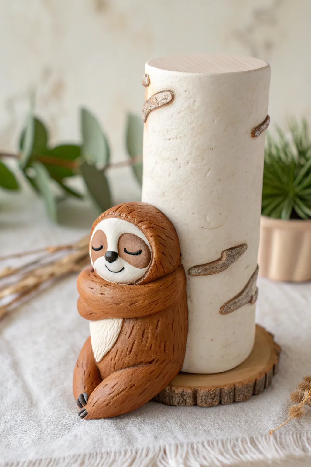 Sleepy sloth hugger in simple clay shapes, cozy minimalist decor with soft boho warmth
