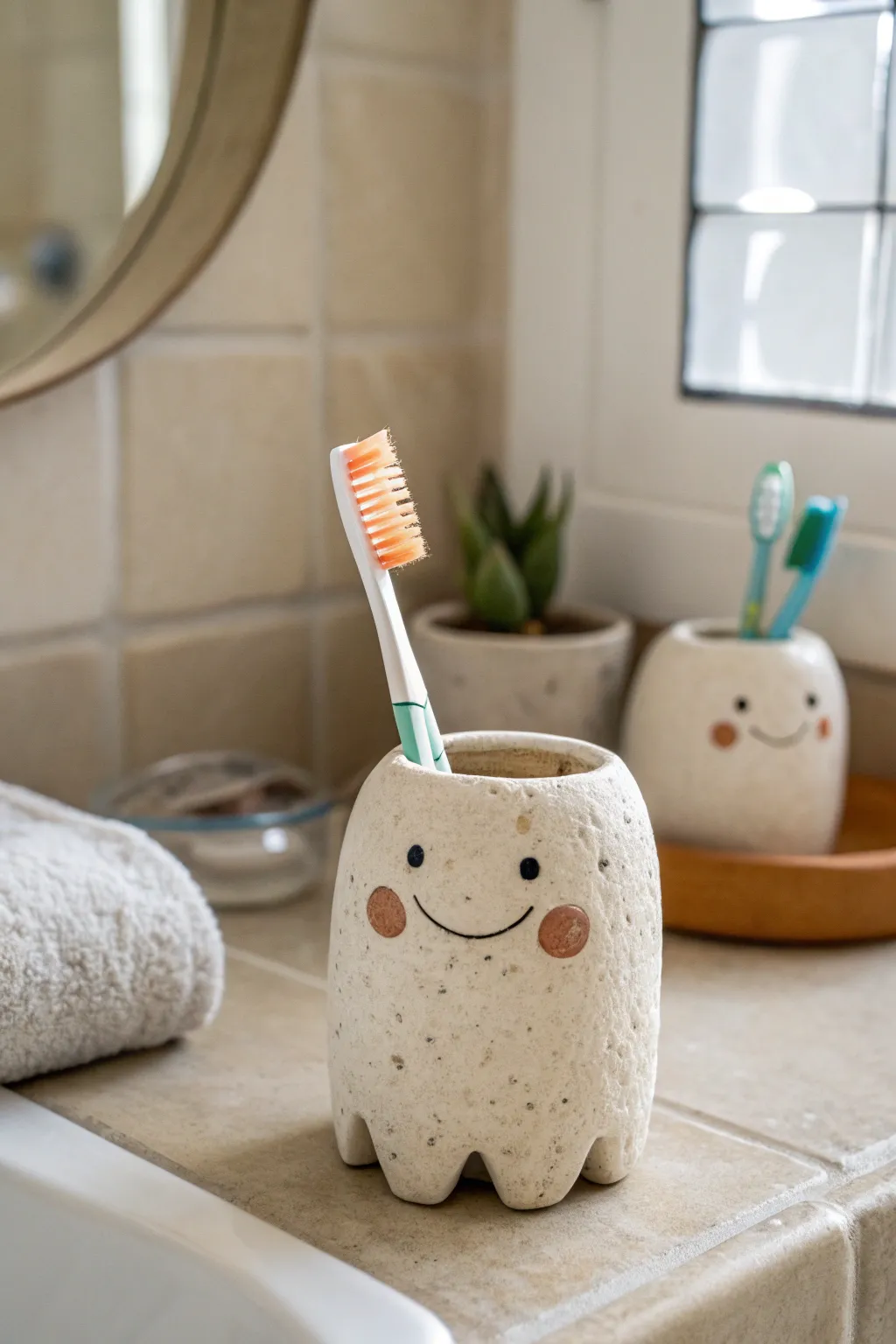 A smiling clay toothbrush holder creature for a playful, minimalist bathroom aesthetic