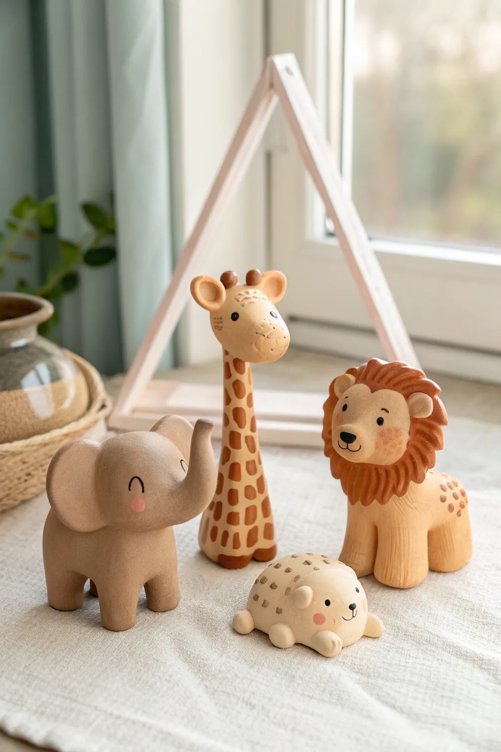 Easy safari animal set: chibi clay elephant, giraffe, and lion in soft minimalist tones
