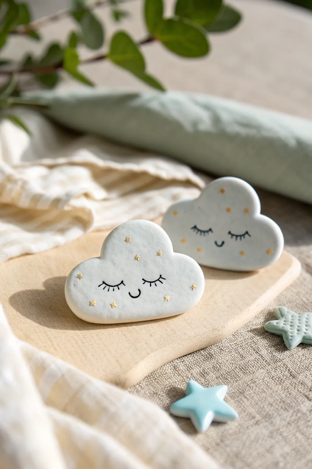Dreamy cloud clay pin with star sprinkles, styled on linen for a soft minimalist vibe.
