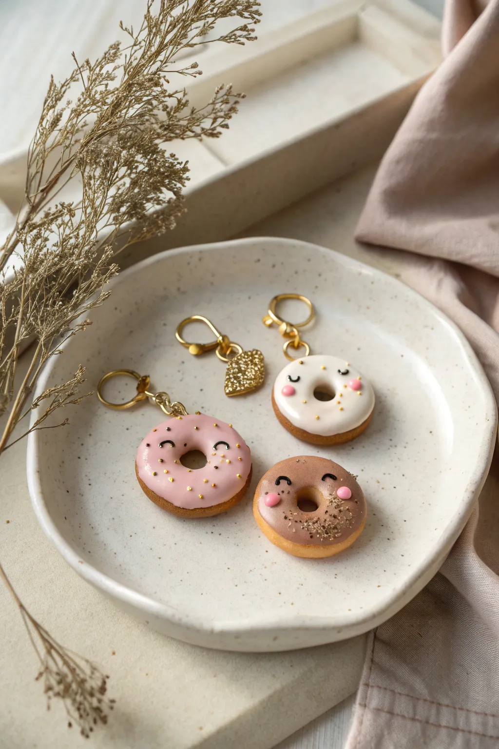 Mini donut and cookie clay charms with sprinkles and smiles, styled in soft Scandinavian minimalism.